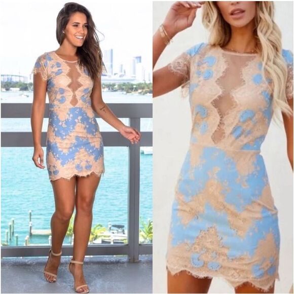Like NWOT! Storia Light Blue Peach Lace Sheer Deep V Mini Dress - Picture 1 of 2